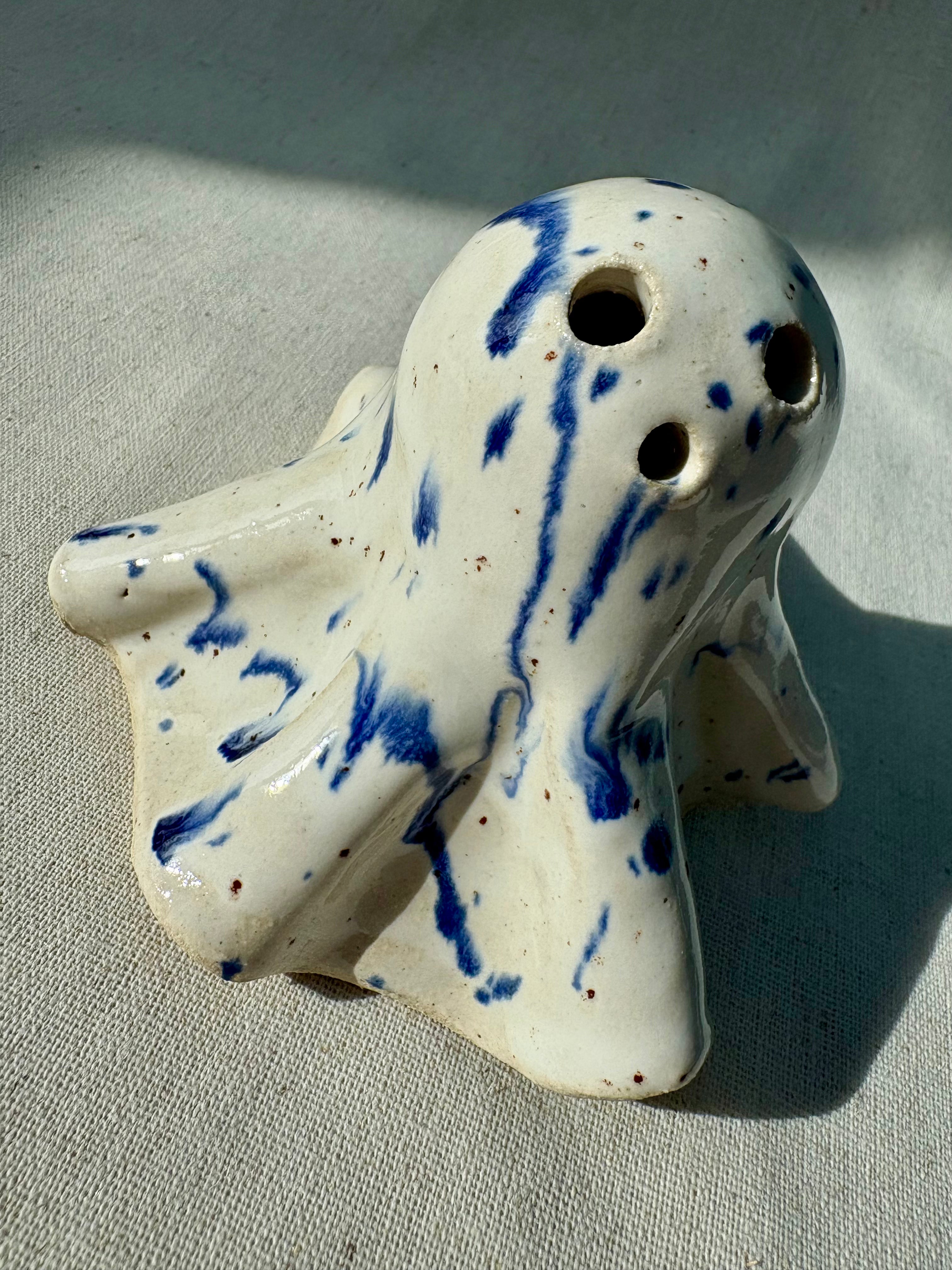 Tiny Ghost Candle Lantern - Barnaby in Blue Flecks