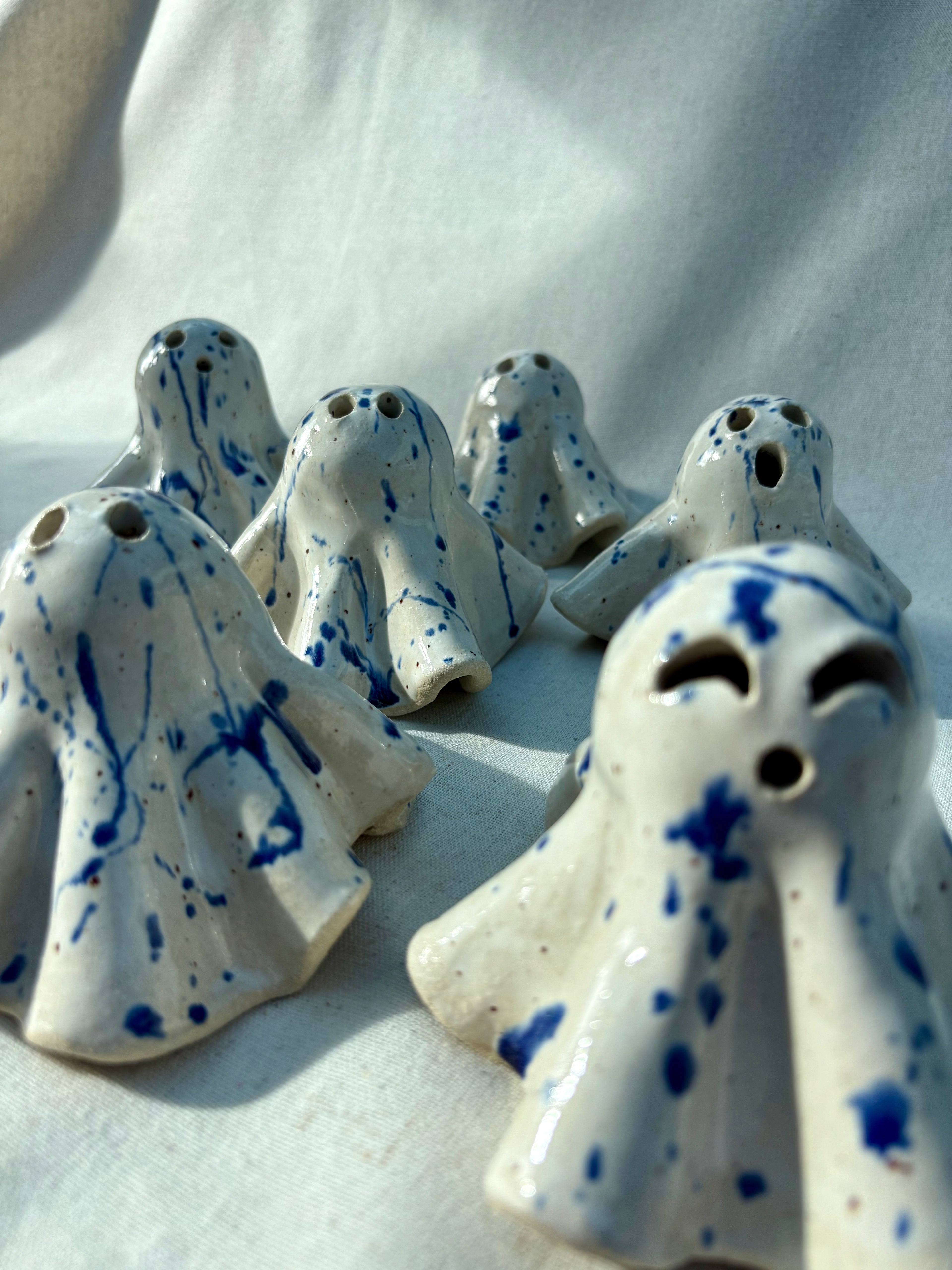 Tiny Ghost Candle Lantern - Barnaby in Blue Flecks