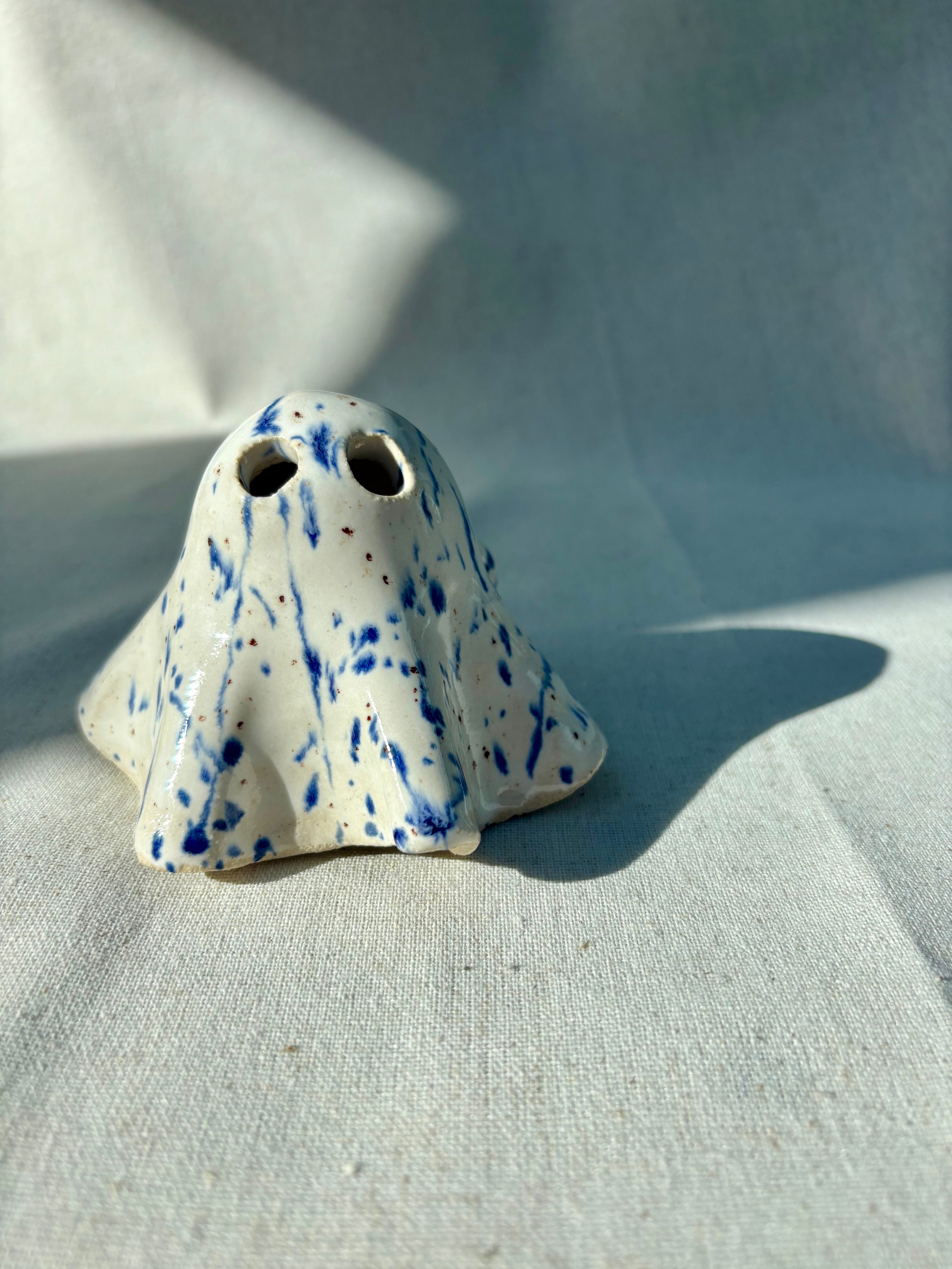 Tiny Ghost Candle Lantern - Mini Bertie in Blue Flecks