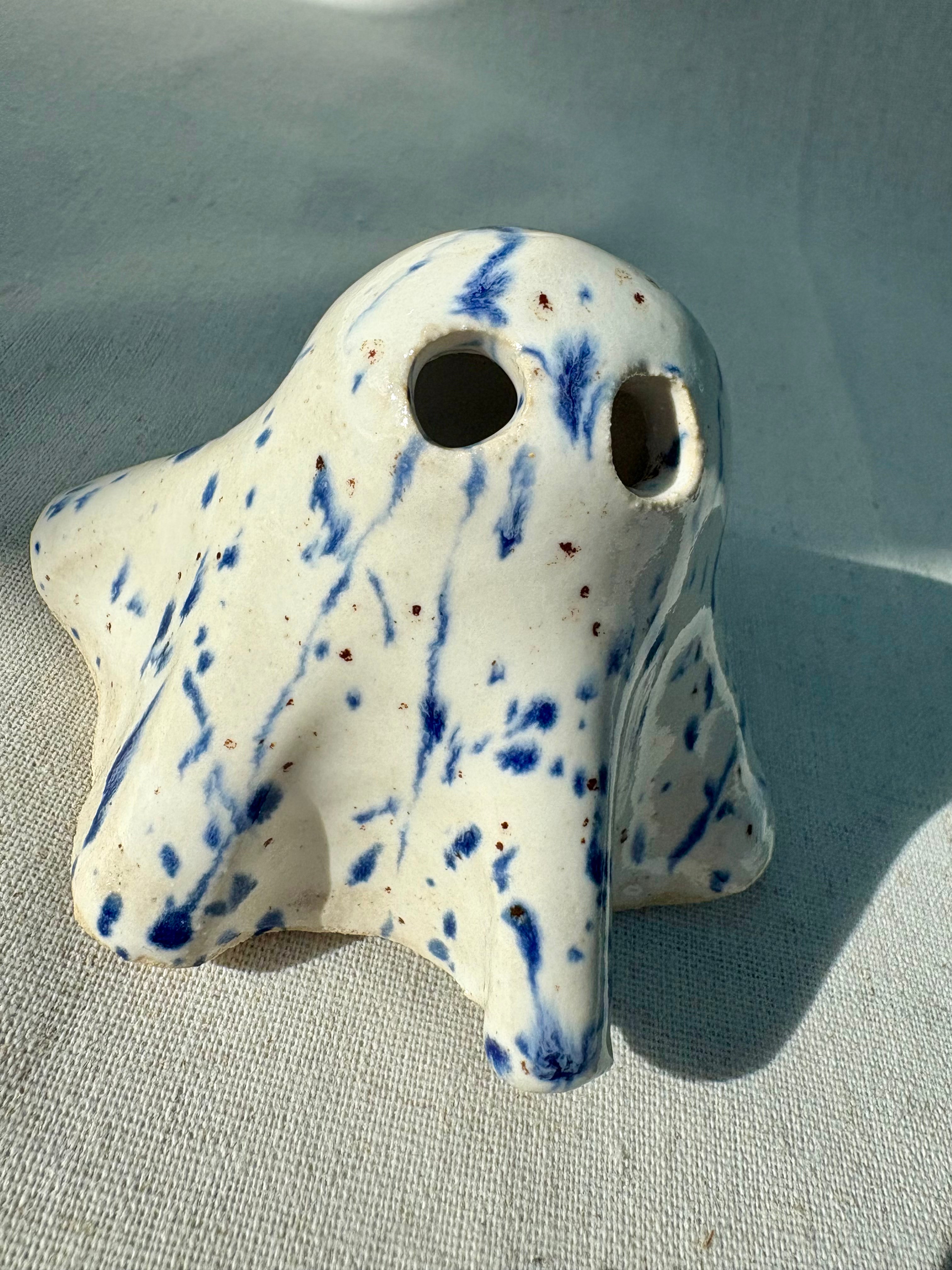 Tiny Ghost Candle Lantern - Mini Bertie in Blue Flecks