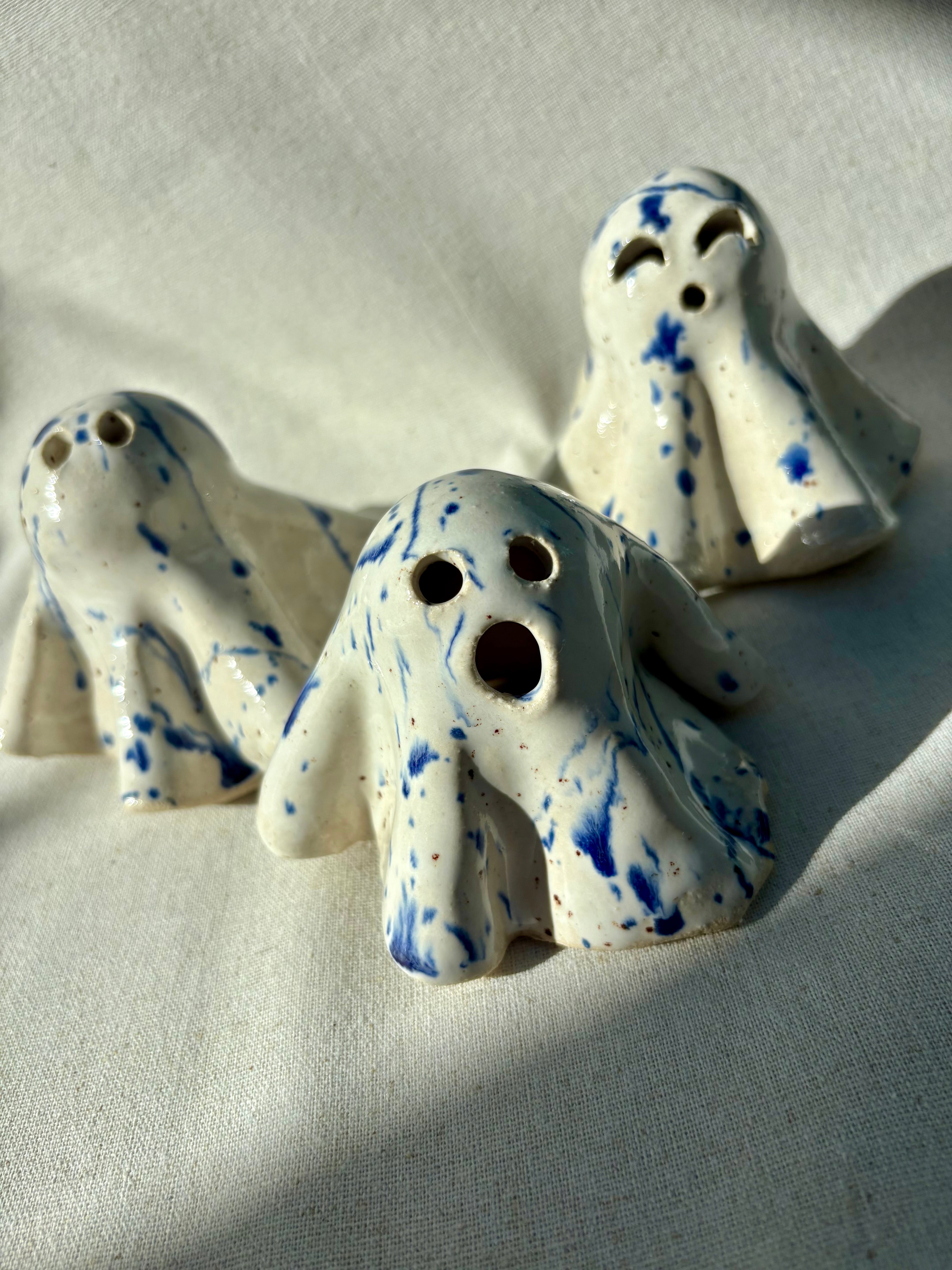 Tiny Ghost Candle Lantern - Mini Barnaby in Blue Flecks